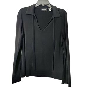 New York & Co. Women’s Long Wide Sleeve Collared Tie Stretch Blouse Black Size L